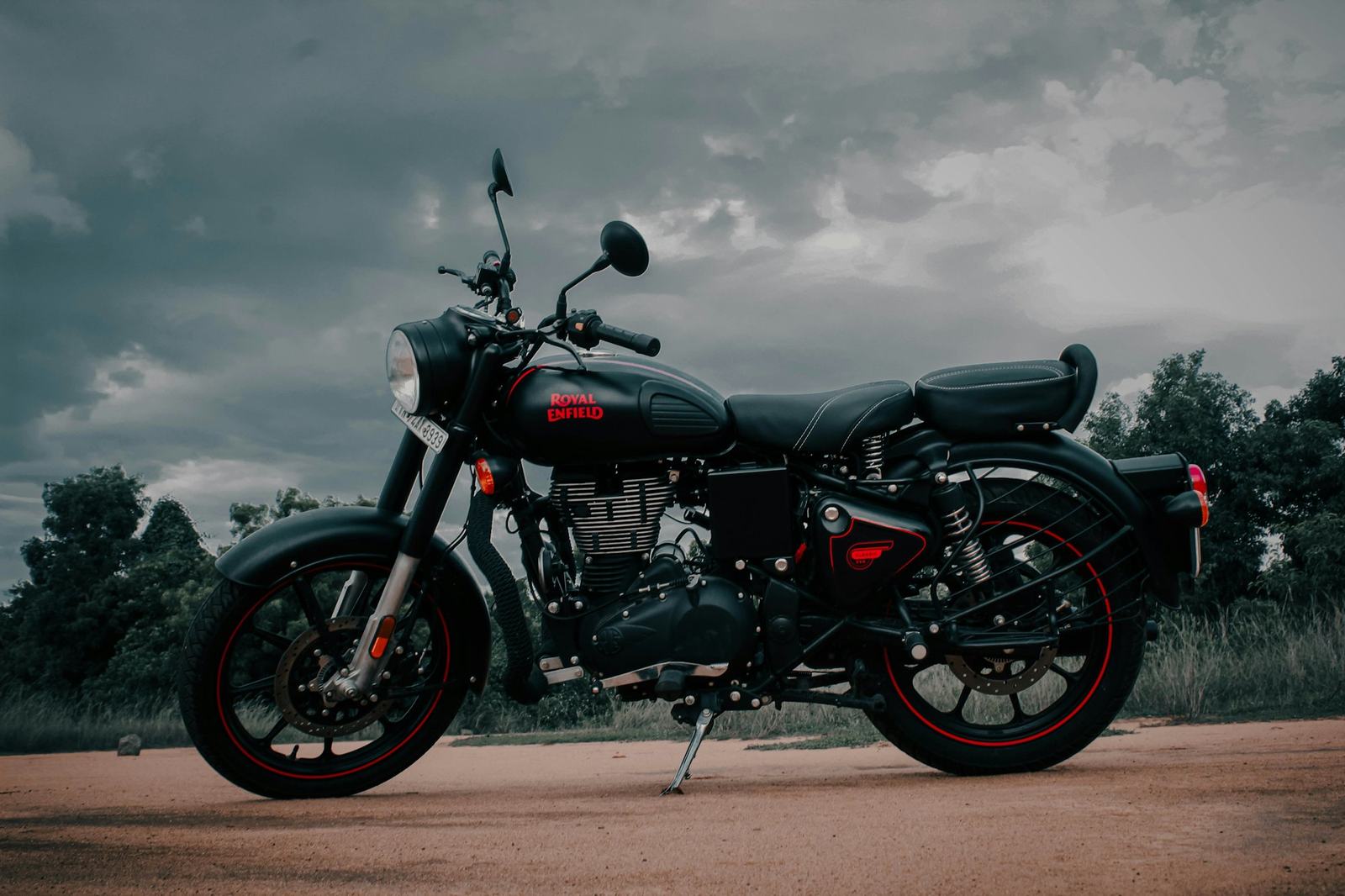A black Royal Enfield Classic 350, seen from the left side